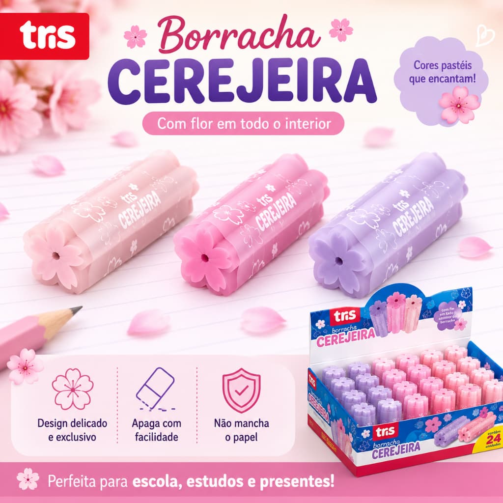 Borracha Cerejeira Escolar TRIS Pastel Macia Apaga Sem Manchar Ideal Para Escola e Desenho