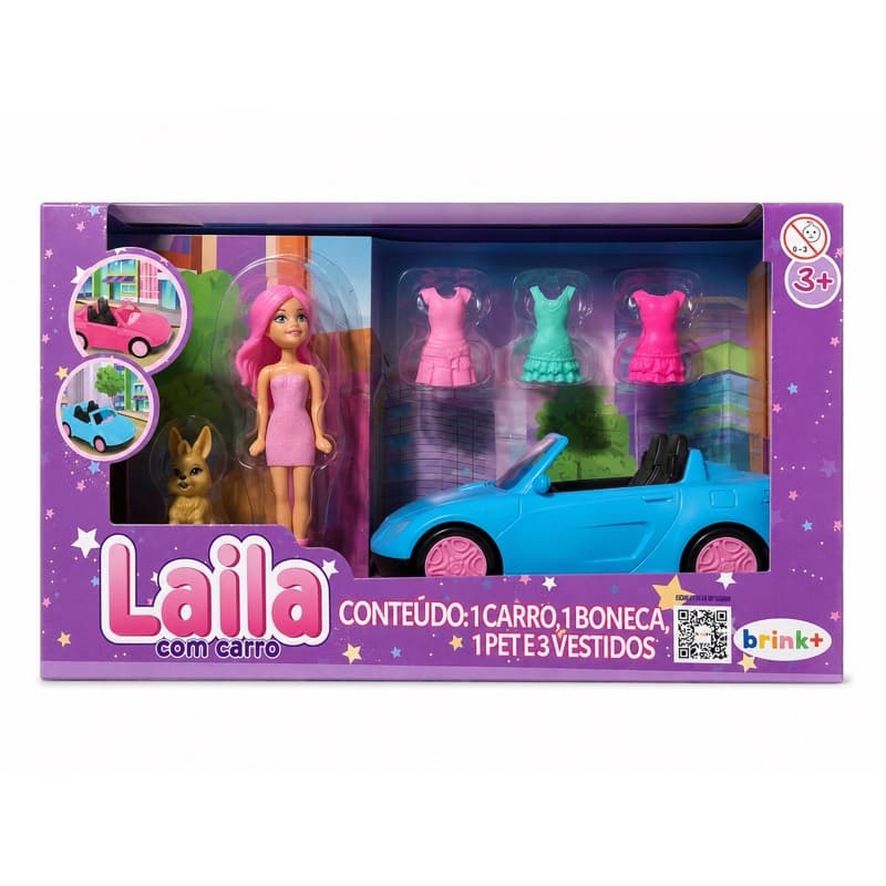 BONECA LAILA COM CARRO E CACHORRO