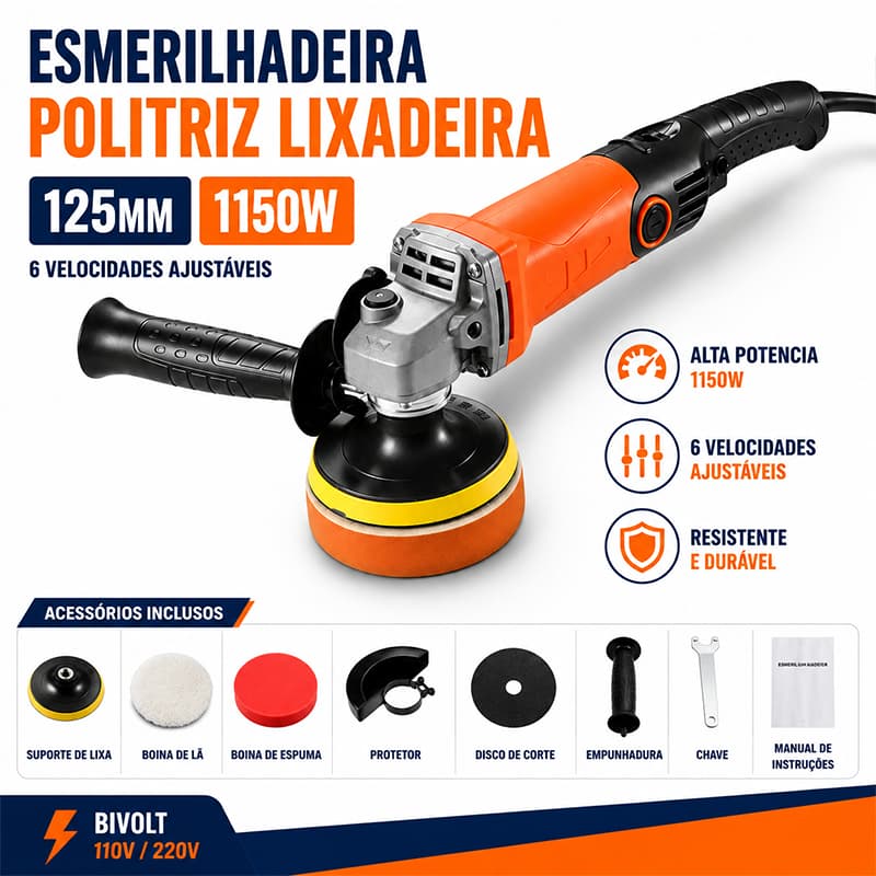 Esmerilhadeira Politriz Lixadeira 125mm 1150W 6 Velocidades Ajustáveis Bivolt