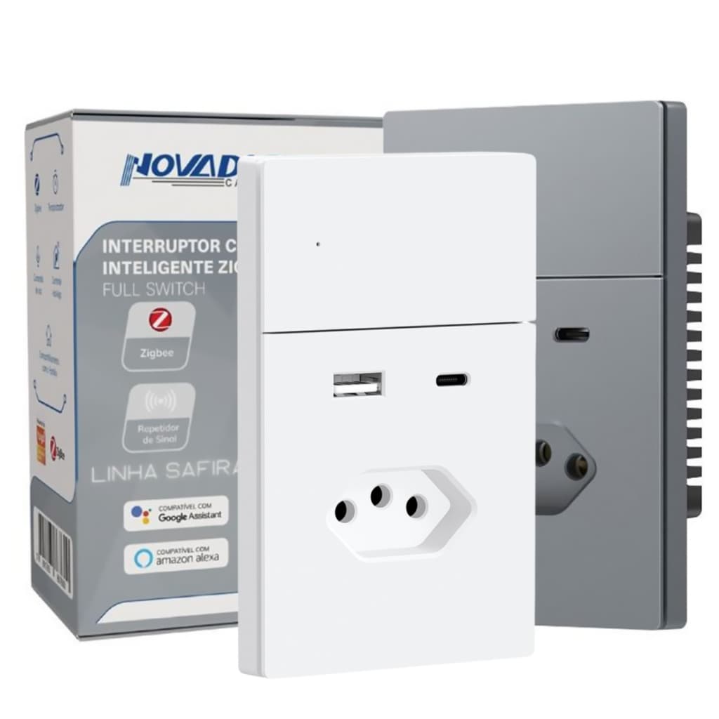 Interruptor Inteligente 4x2 Tomada Zigbee 20A USB 1 Tecla Tuya SA-WK NOVADIGITAL SAFIRA Full Press