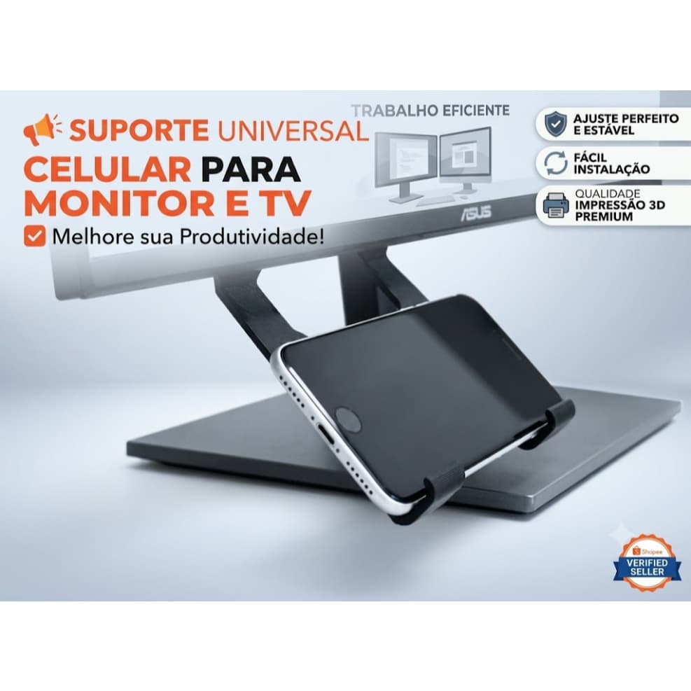 Suporte de Celular para Monitor e TV Universal Premium + Fita Dupla Face