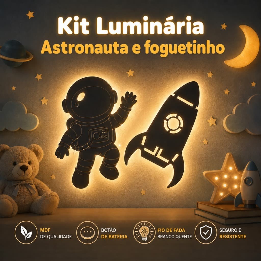 Kit Luminárias com LED Fio de Fada  Infantil Astronauta e Foguete MDF Decorativo- Quarto Infantil