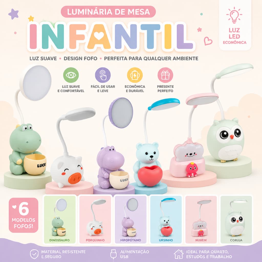 Luminária Infantil Decorativa LED Luz Cabeceira e de Leitura Quarto Bebê e Criança Vários Modelos