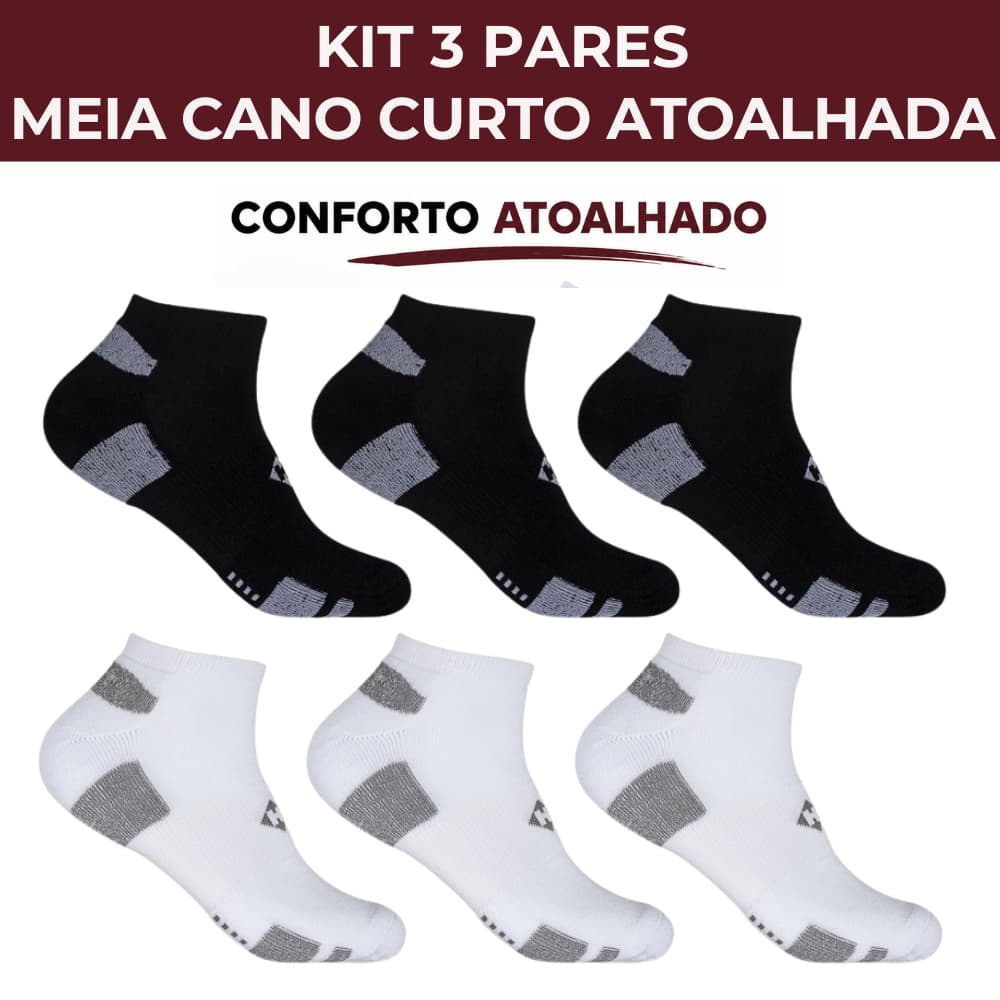Kit 3 Meias Masculinas Cano Curto Atoalhadas Algodão Conforto 39-43 Hoahi