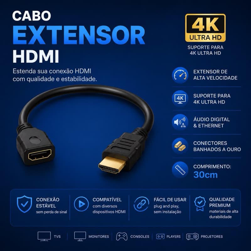 Cabo Extensor Hdmi Macho e Hdmi Femea 30cm