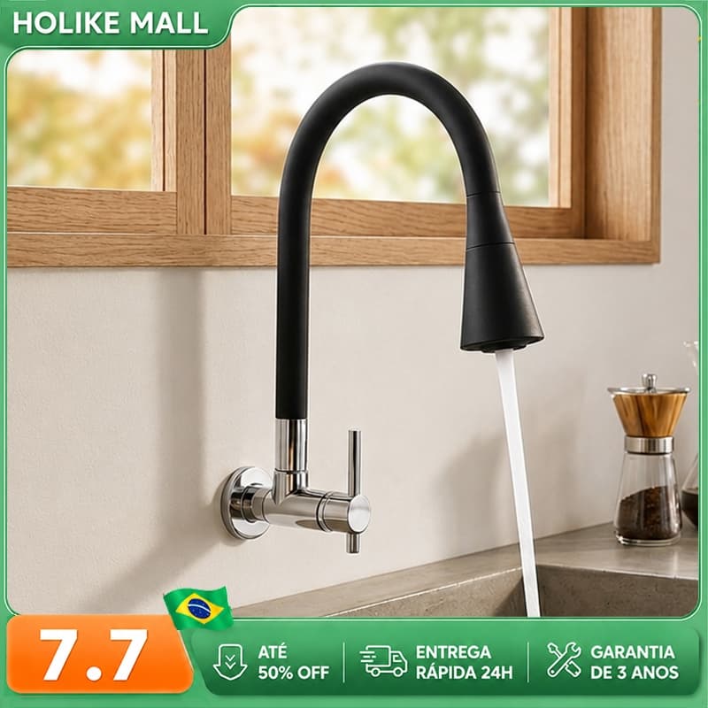 Torneira Cozinha Parede Gourmet Flexivel 1/4 de VoIta Para Mesa Pia Bancada e Marmore