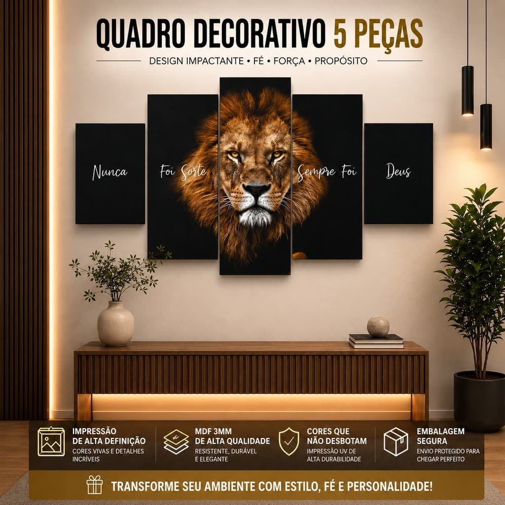 Quadro Mosaico Leão de Judá Decorativo Sala Nunca Foi Sorte Sempre Foi Deus- Quadro de MDF Revestido com papel SEIWA