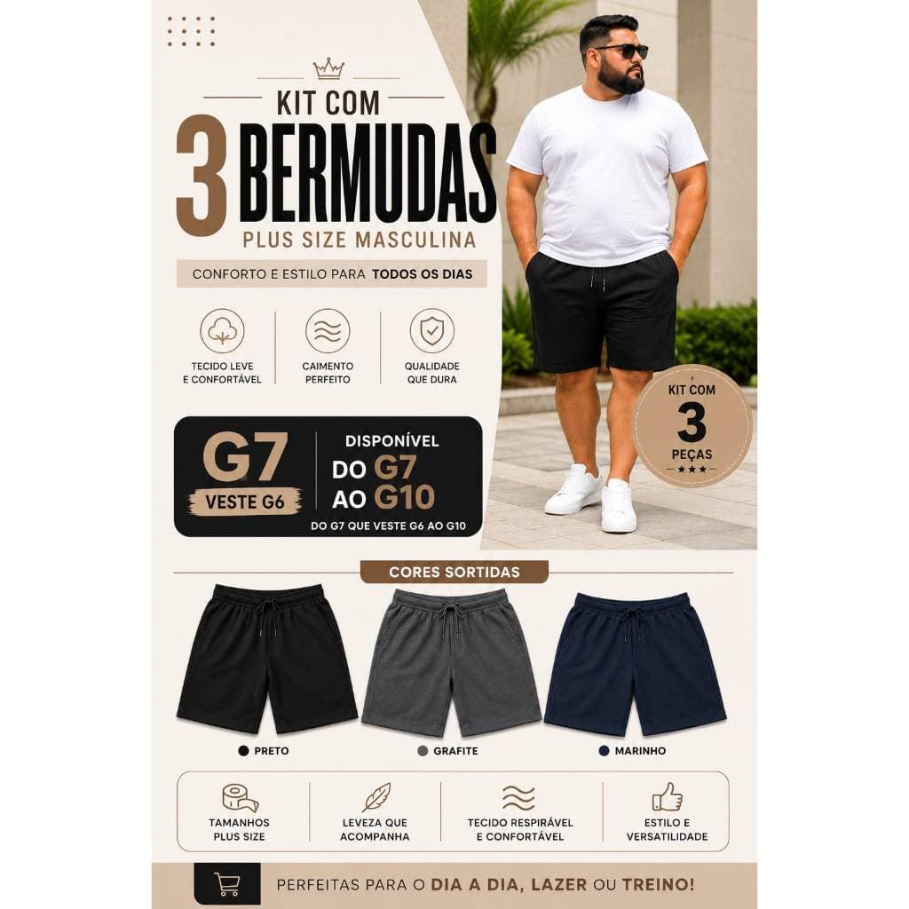 Kit 3 - Bermuda Plus Size - (G7 - G8 - G10) - Esporte - Academia - Dia a Dia - Moda Masculina