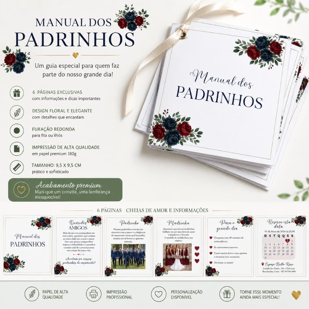 Manual dos Padrinhos Personalizado | Convite para Padrinhos, Madrinhas, Daminha, Pajem | Casamento | 9,5x9,5