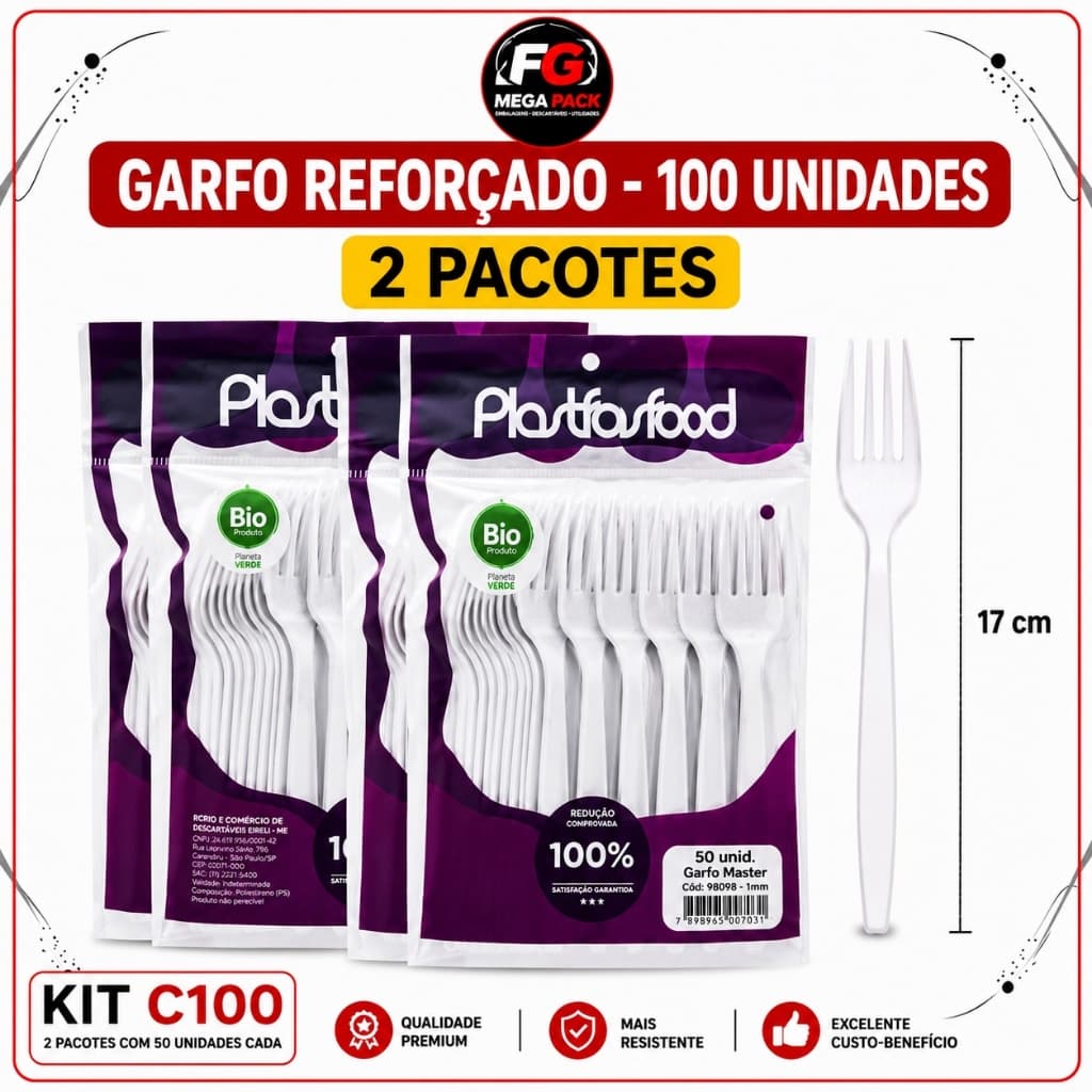 KIT100 UNIDADES GARFO REFORÇADO MASTER  Resistentes Refeição Plástico Premium