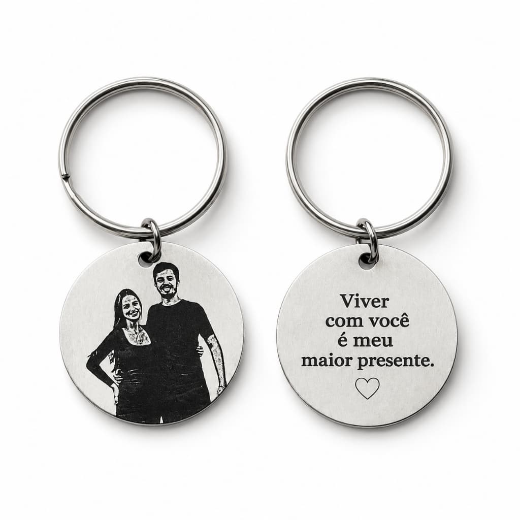 Chaveiro Personalizado Aço Inox Redondo 25x25 Foto Frase Gravação Laser Presente Casal Namorada Mãe