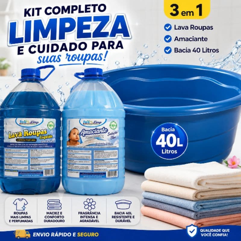 Kit Lava Roupas 5L + Amaciante 5L + Bacia Grande 40 Litros Limpeza Lavanderia