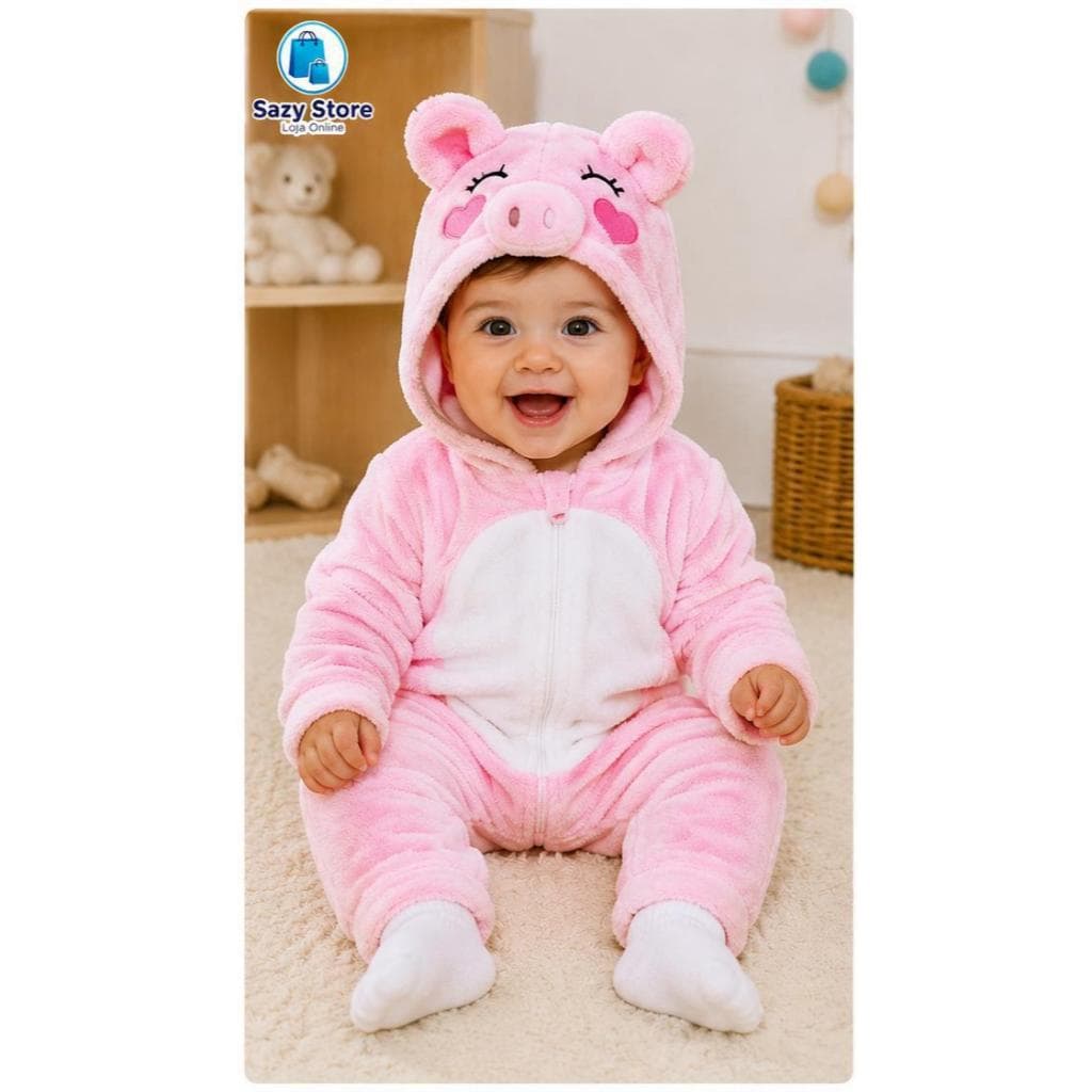 Kigurumi Porquinha Bebê Macacão Plush Quentinho Fantasia Unissex 0-6M ao 36M