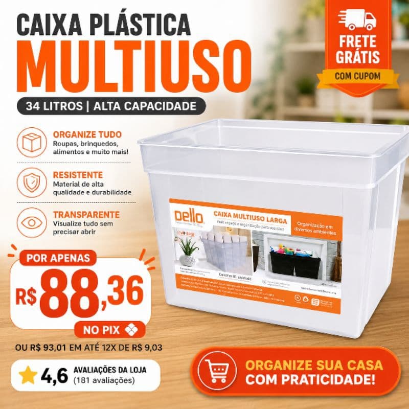Caixa Plastica Multiuso 34 Litros Alta Capacidade Transparente Organizador Resistente