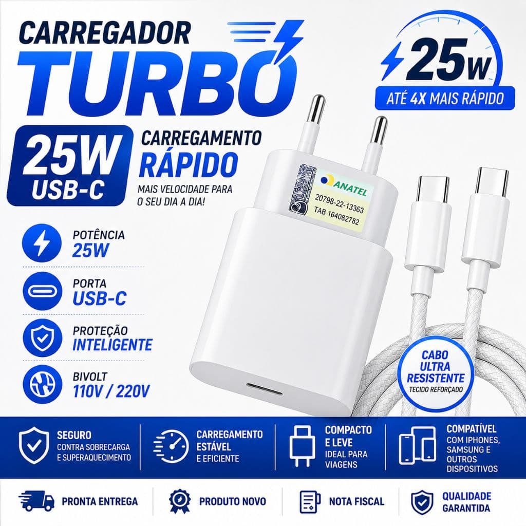 Carregador Turbo 25W USB-C + Cabo USB-C para iPhone 16 15 Samsung Carregamento Rápido Branco