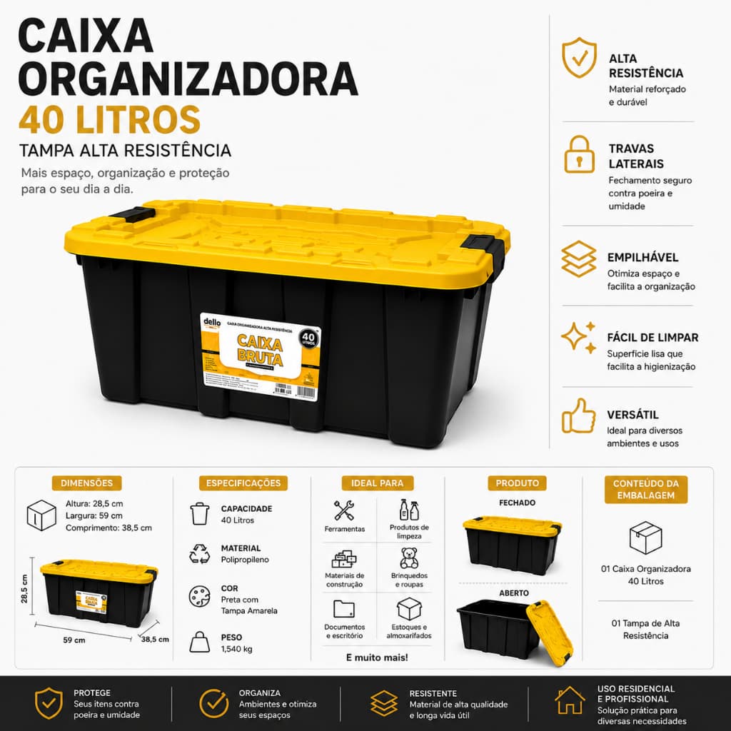 Caixa Organizadora 40 Litros Tampa Travas Laterais Empilhavel Plastico Reforcado Preto Amarelo