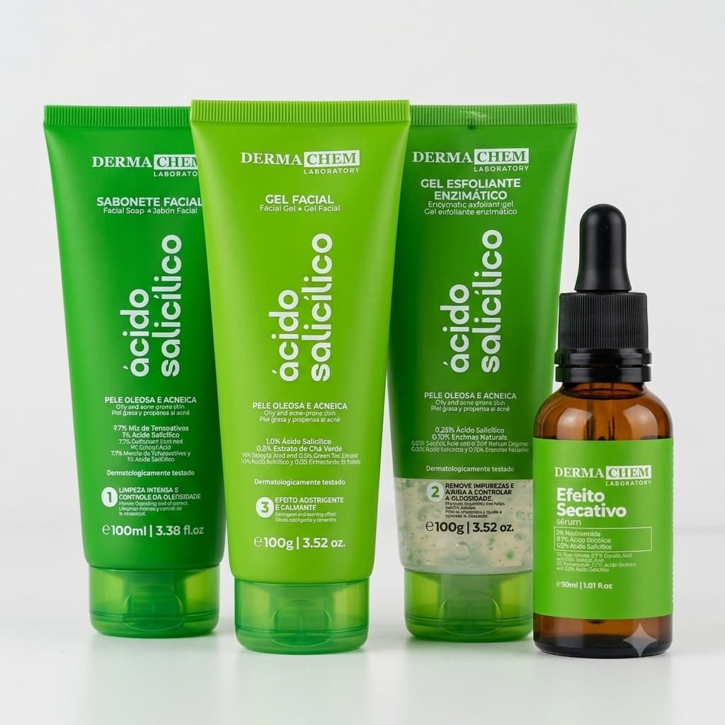 Kit Skincare 4 Produtos Sabonete Esfoliante Gel Hidratante Sérum Secativo Acne Oleosidade Dermachem