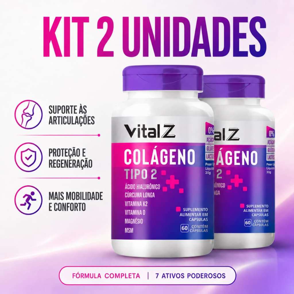 Kit 2x 3x 5x  Colágeno Tipo 2 | Fórmula 7 em 1 | Ácido Hialurônico Vitamina D K2 Magnésio MSM Cúrcuma 60 Caps