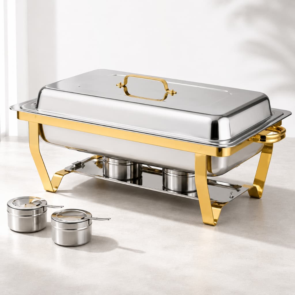 Rechaud Aço Inox Retangular 12 L Banho Maria Quente E Frio Buffet Restaurante Detalhe Dourado