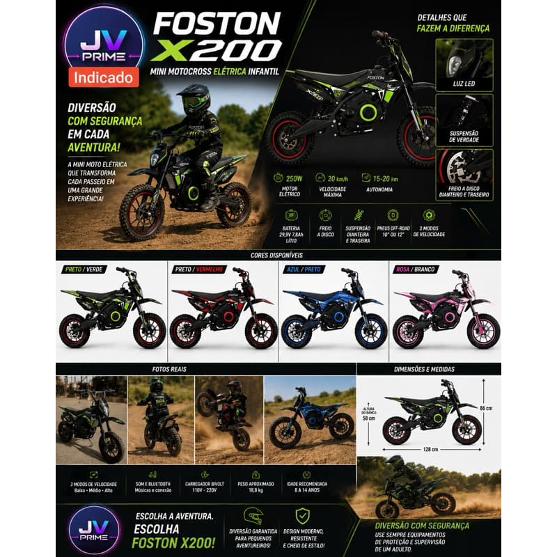 Moto Eletrica infantil Foston X200 3 Velocidades Led Bluetooth Suporta de 50a80 Kg 250w