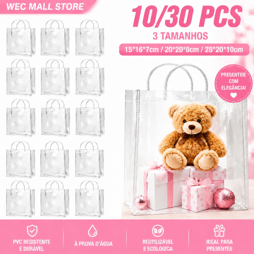 Sacolas de Presente Conjunto de 5/10/20/30 Reutilizáveis ​​em Plástico PVC Transparente