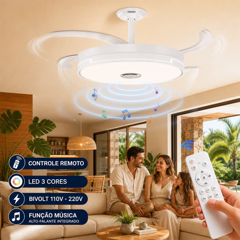 Ventilador De Teto Com LED Retrátil 42 Polegadas Música Controle Remoto 4 Pás Silencioso Bivolt