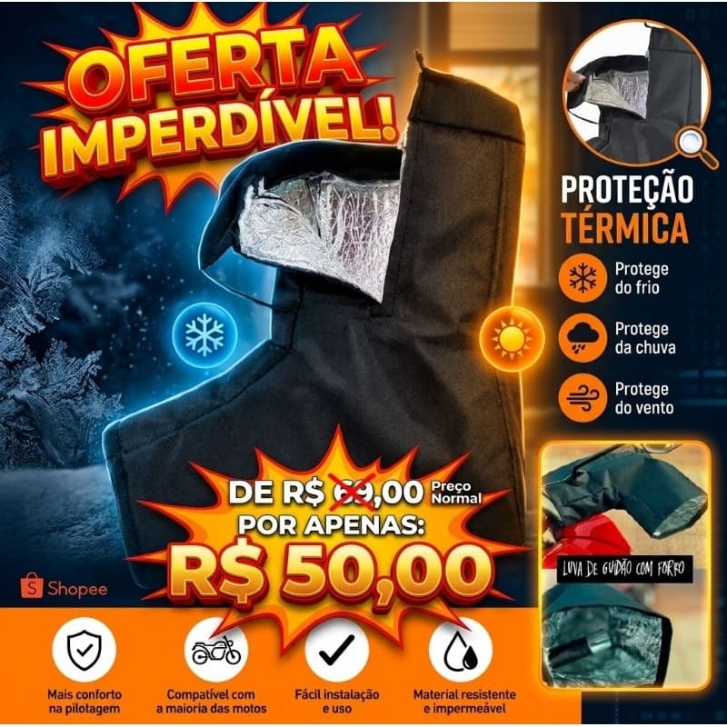 Luva de Guidão Térmica para Moto Impermeável Universal com Forro Térmico Contra Frio, Chuva e Vento
