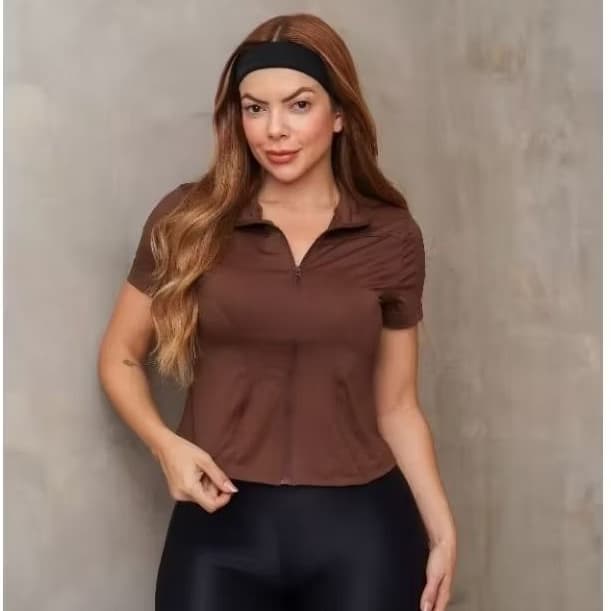 Blusa Feminina moda fitness Manga Curta modeladora com ziper esportiva yoga casaco para academia