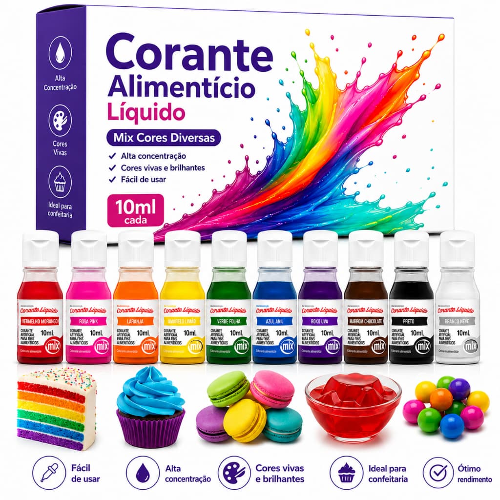 Corante Alimentício Líquido 10ml Mix Cores Diversas