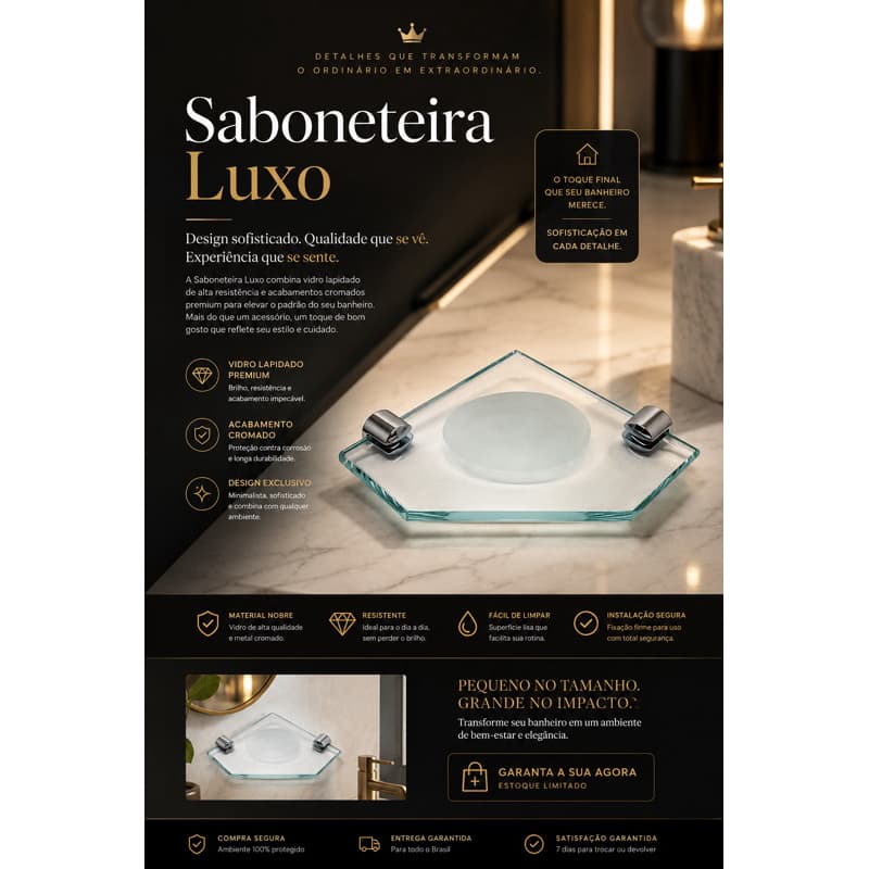 Saboneteira de Vidro de Canto Incolor 8mm com Exlusivo furo para dreno-Design Moderno,Resistente à Oxidação e Higiênico