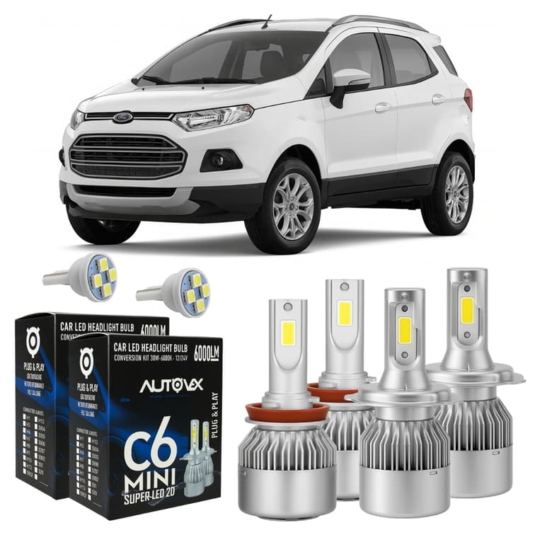 Kit Lâmpadas Led Ford EcoSport 2013 A 2017 Farol Alto Baixo Milha 60000 Lm + Pingo T10 - Lâmpadas de Led