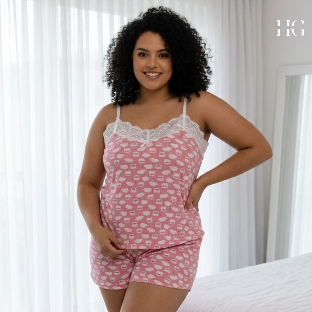 Short Dool Plus Size Feminina Alça Fina com Renda Pijama Leve Confortável P ao G3