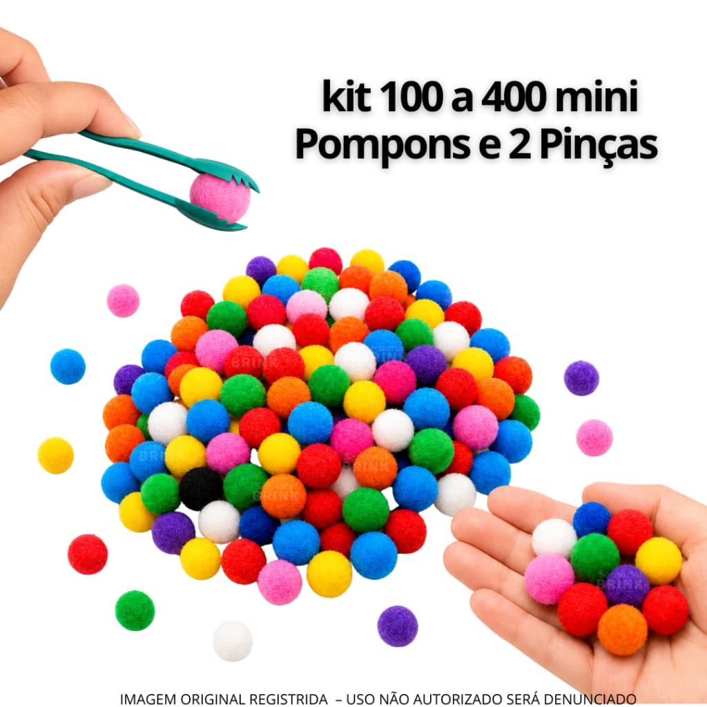 Kit Pega Pompom 100 a 400 Unidades com Pinças Jogo de Coordenação Motora Montessori Sensorial Didatico