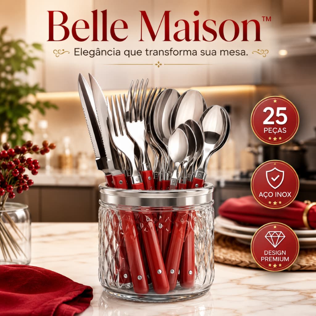 Conjunto de Talheres 25 Peças Aço Inox com Pote de Vidro Organizador Cabo Vermelho Faqueiro Premium Cozinha Mesa Posta
