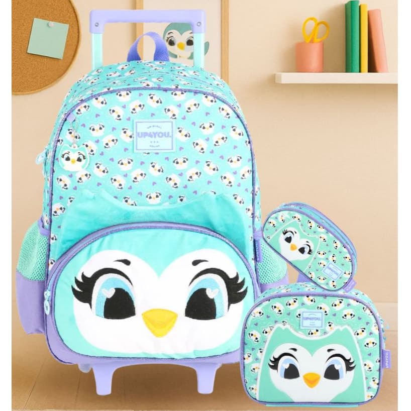 Kit Conjunto Escolar Infantil Bichinhos Fofos UP4YOU Mochila Costas e Rodas + Lancheira Térmica + Estojo Triplo