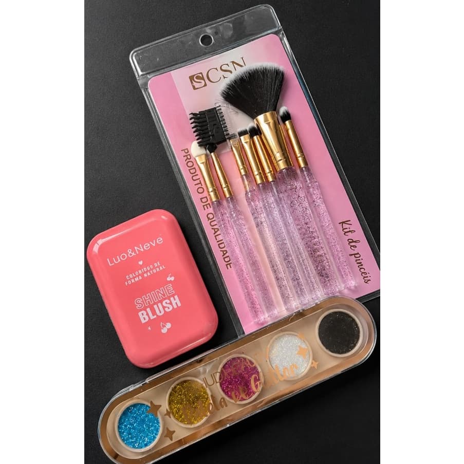 Kit Maquiagem Completo Profissional com 7 Pincéis Blush e Paleta Glitter Feminino Presente