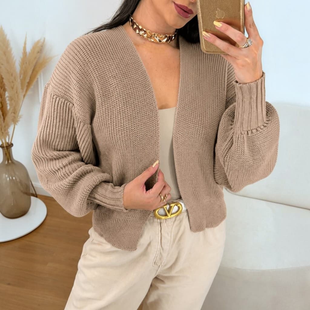 Casaco Feminino Tricô Premium Cardigan Manga Bufante Casaquinho Elegante