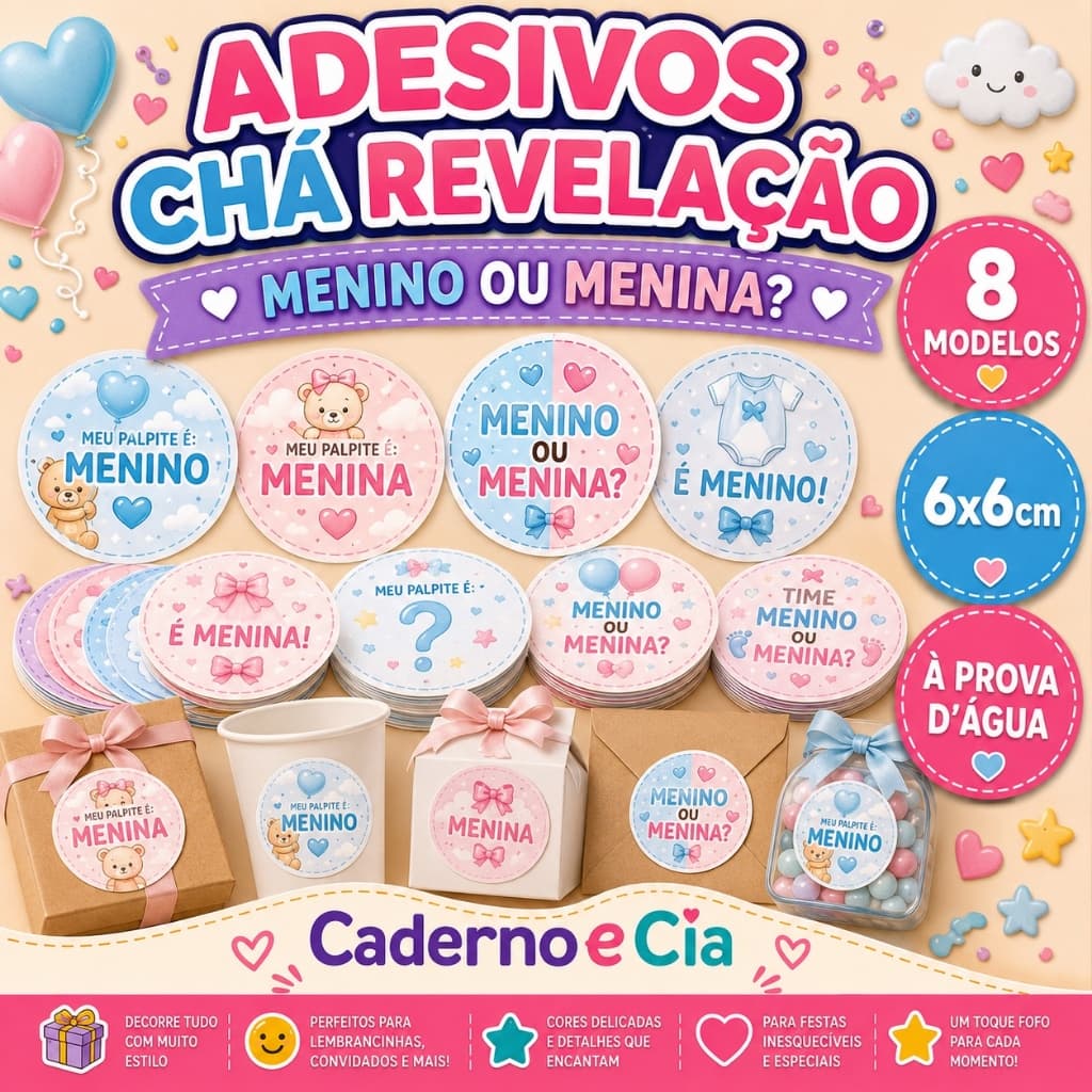 ADESIVOS CHÁ REVELAÇÃO - 8 MODELOS PARA ESCOLHER! 6X6CM
