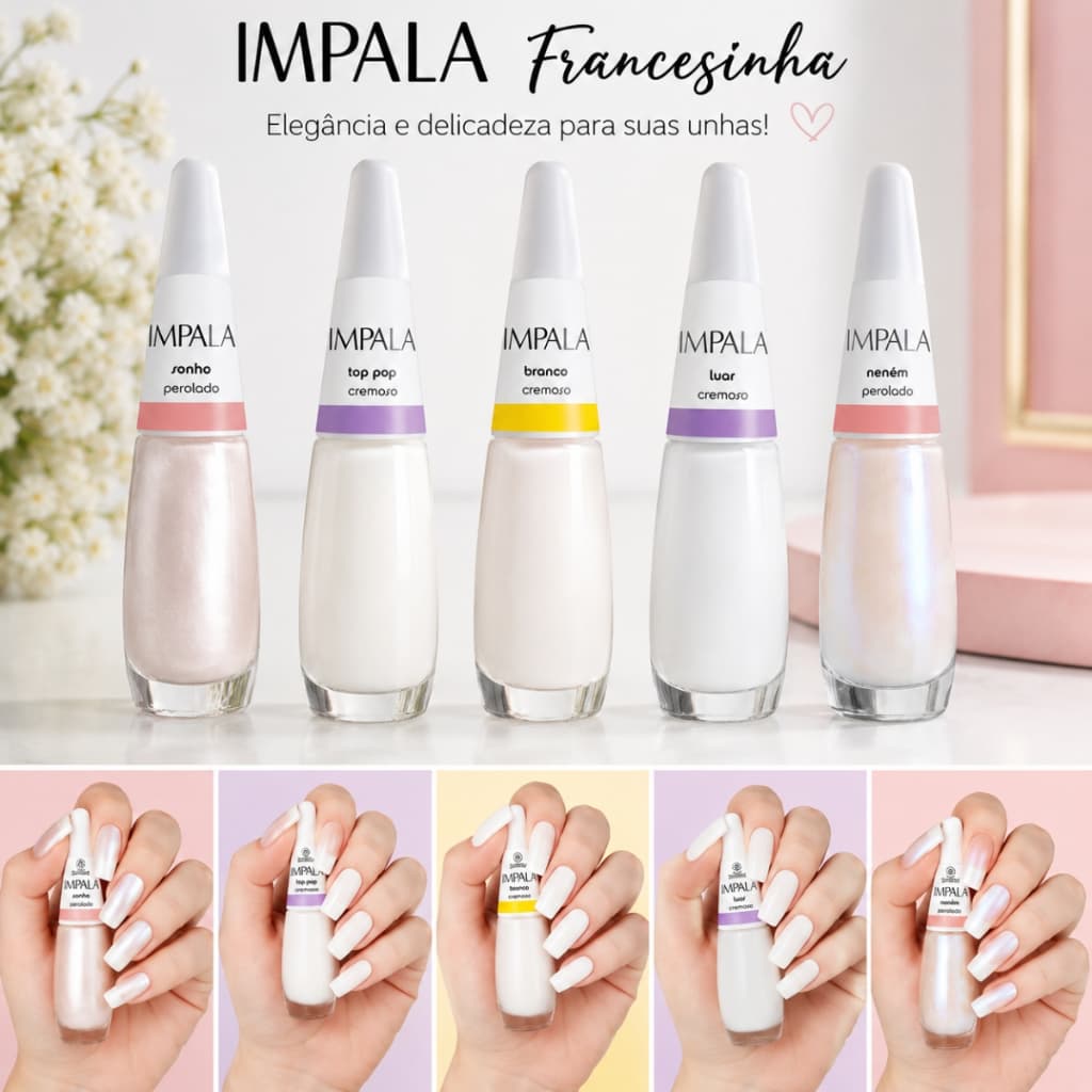 Kit Esmalte Impala Francesinha Transparente Branco Perolado Cremoso Atacado Manicure