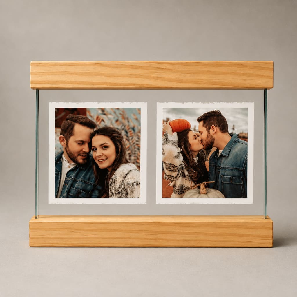 Porta Retrato 10x15 Madeira Pinus Vidro Duplo Foto Flutuante Presente Personalizado Cães Casal Família
