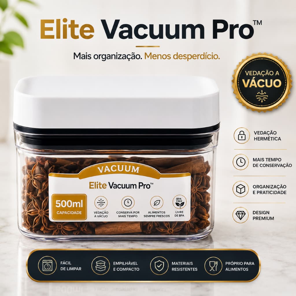 Pote Hermético a Vácuo 500ml Elite Vacuum Pro Tampa Pump Organizador de Alimentos