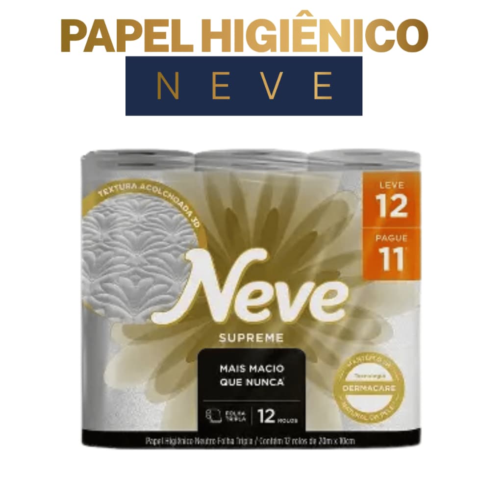 Papel Higiênico Neve Supreme Folha Tripla 12 Rolos 20m Leve 12 Pague 11 Dermacare Macio Premium