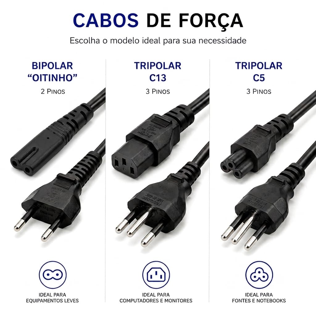 Cabo De Força Energia Para PC Computador Monitor TV 3 Pinos E Cabo De Carregador De Notebook Bipolar Oitinho Trevo 1.5m