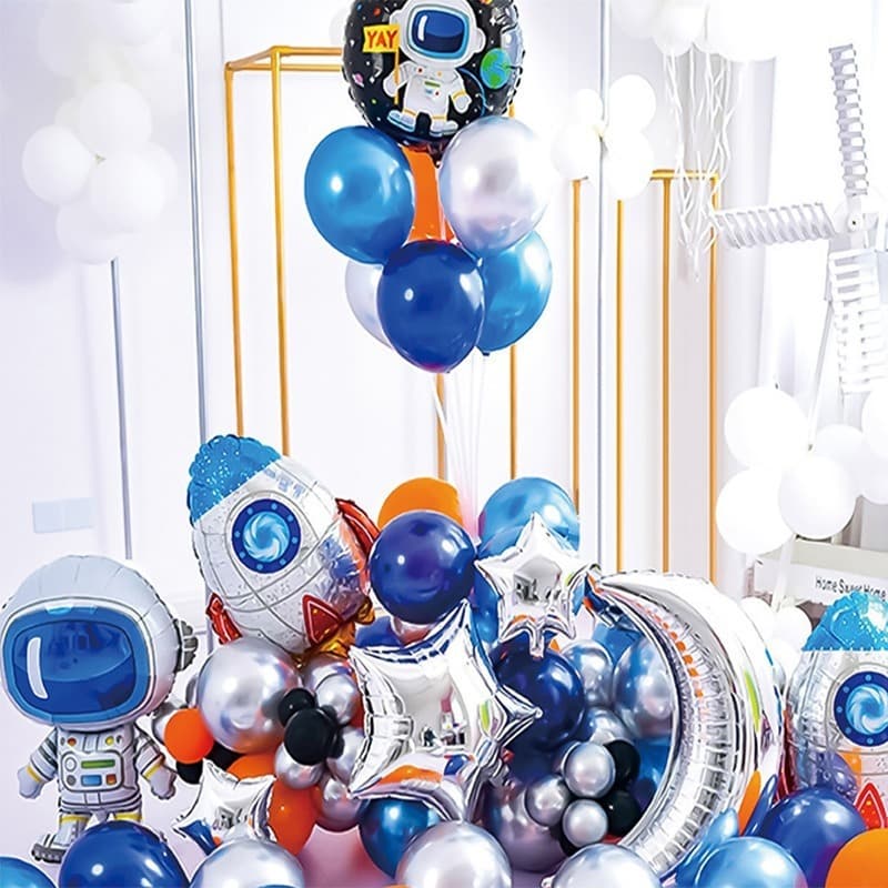 Kit de Balões Tema Espaço Astronauta Azul e Prata para Festa de Aniversário e Decoração