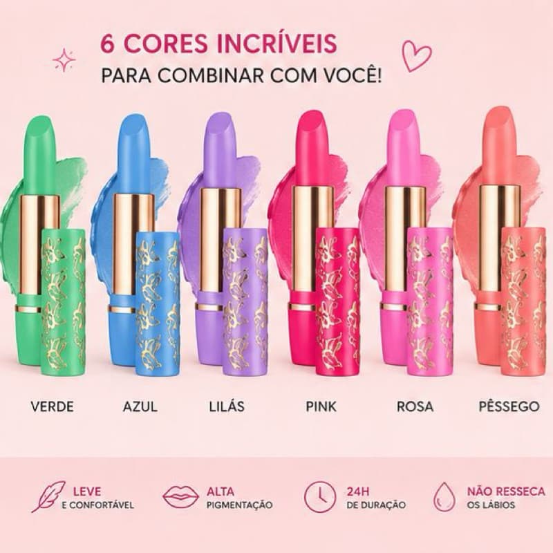 Batom Mágico Hidratante PH Cor Personalizada Longa Duração 24h Alta Pigmentação 6 Cores