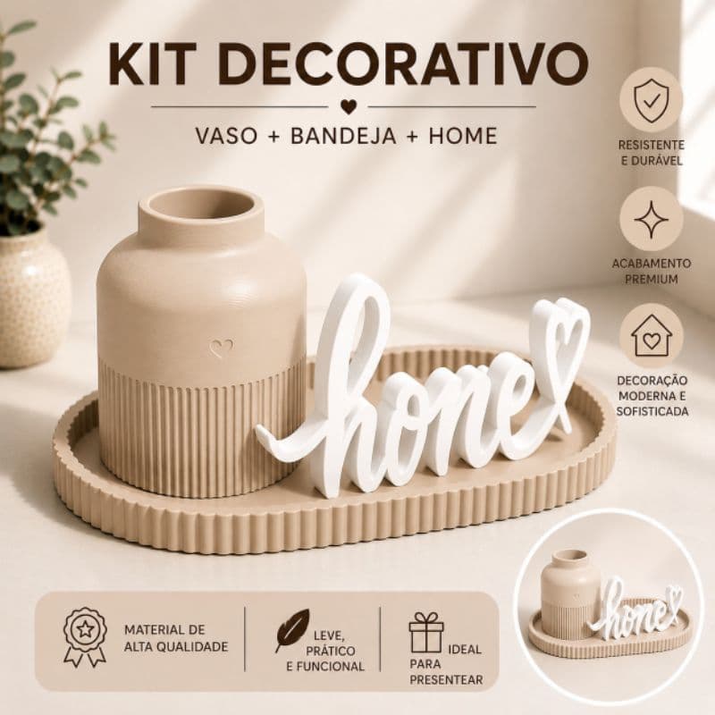 Vaso decorativo, bandeja oval e letreiro Home, kit decoração