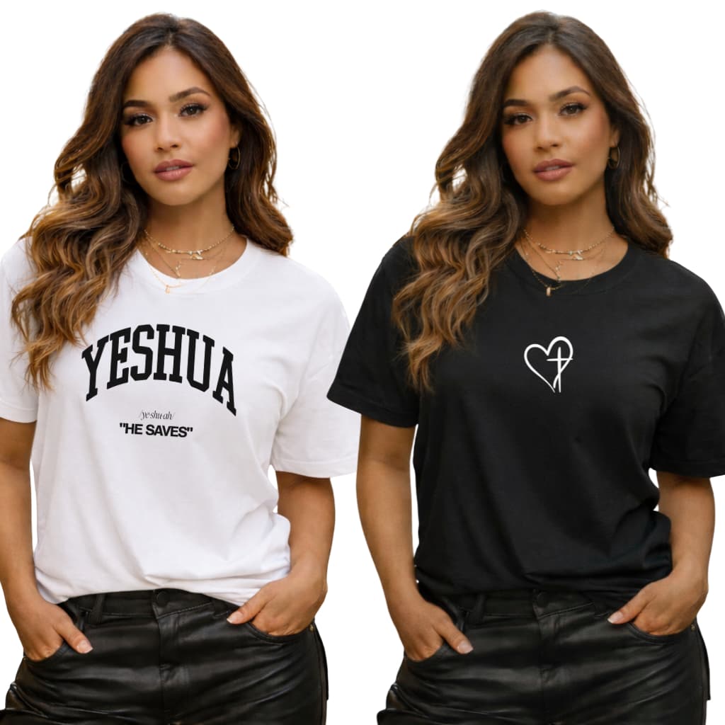 Kit 2 T-Shirt Estampada Estilosa Yeshua e Coração Cruz Camiseta Promoção Moda Evangélica