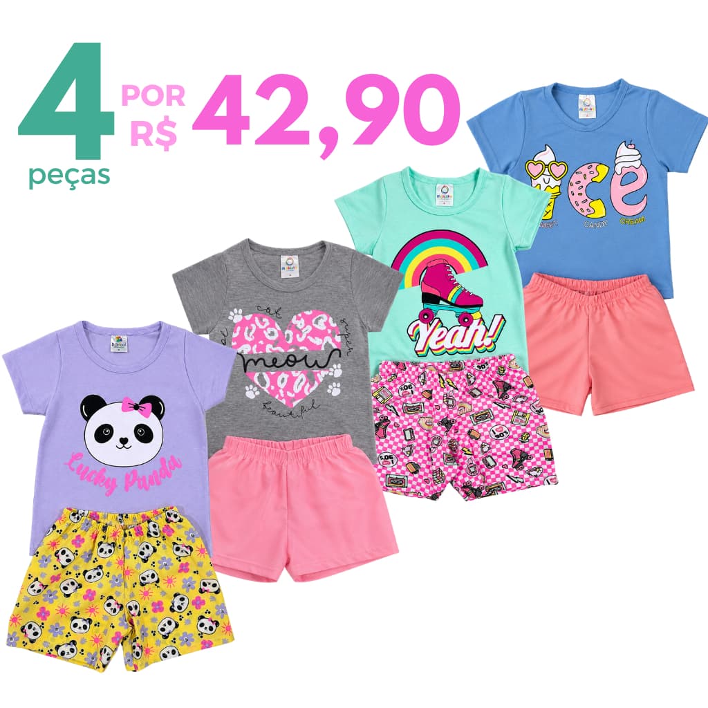 Kit 4 Peças Roupa Infantil Menina Verão Sortidos Estampado Camiseta + Shorts 2 Conjunto