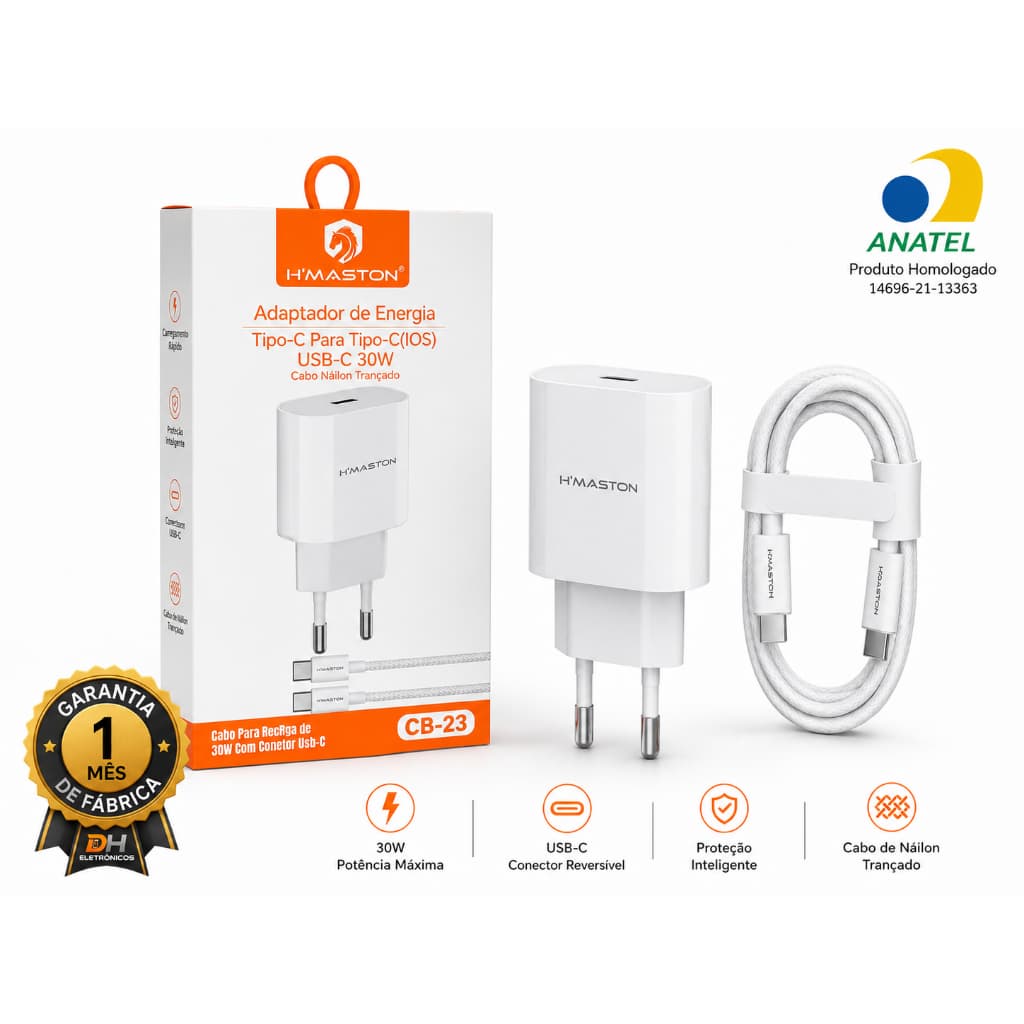 Carregador Turbo Android iPhone 15 Iphone 16  Tipo-C 30W + Cabo Tipo-C para Tipo-C|model CB23