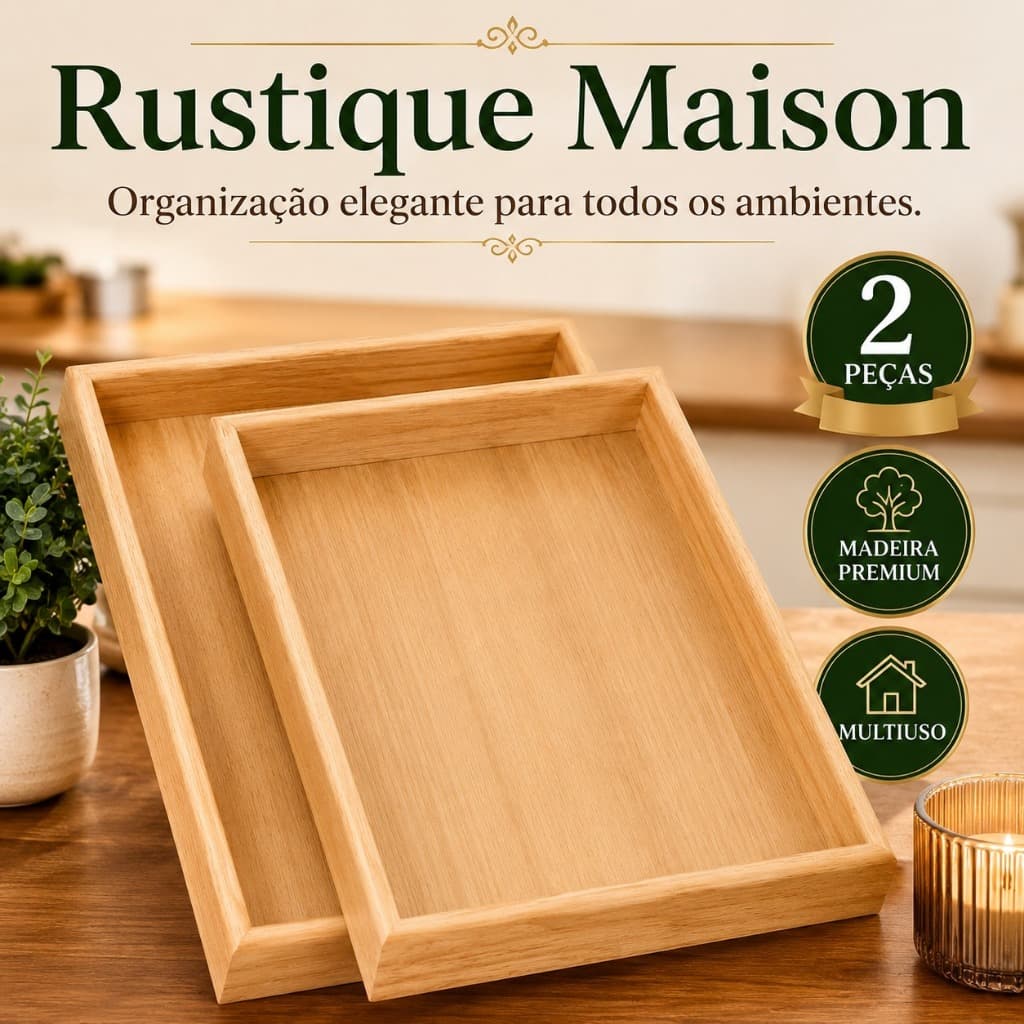 Kit 2 Bandejas Retangulares de Madeira Natural Rustique Maison Decorativa Organizador Servir Café Cozinha Sala Banheiro